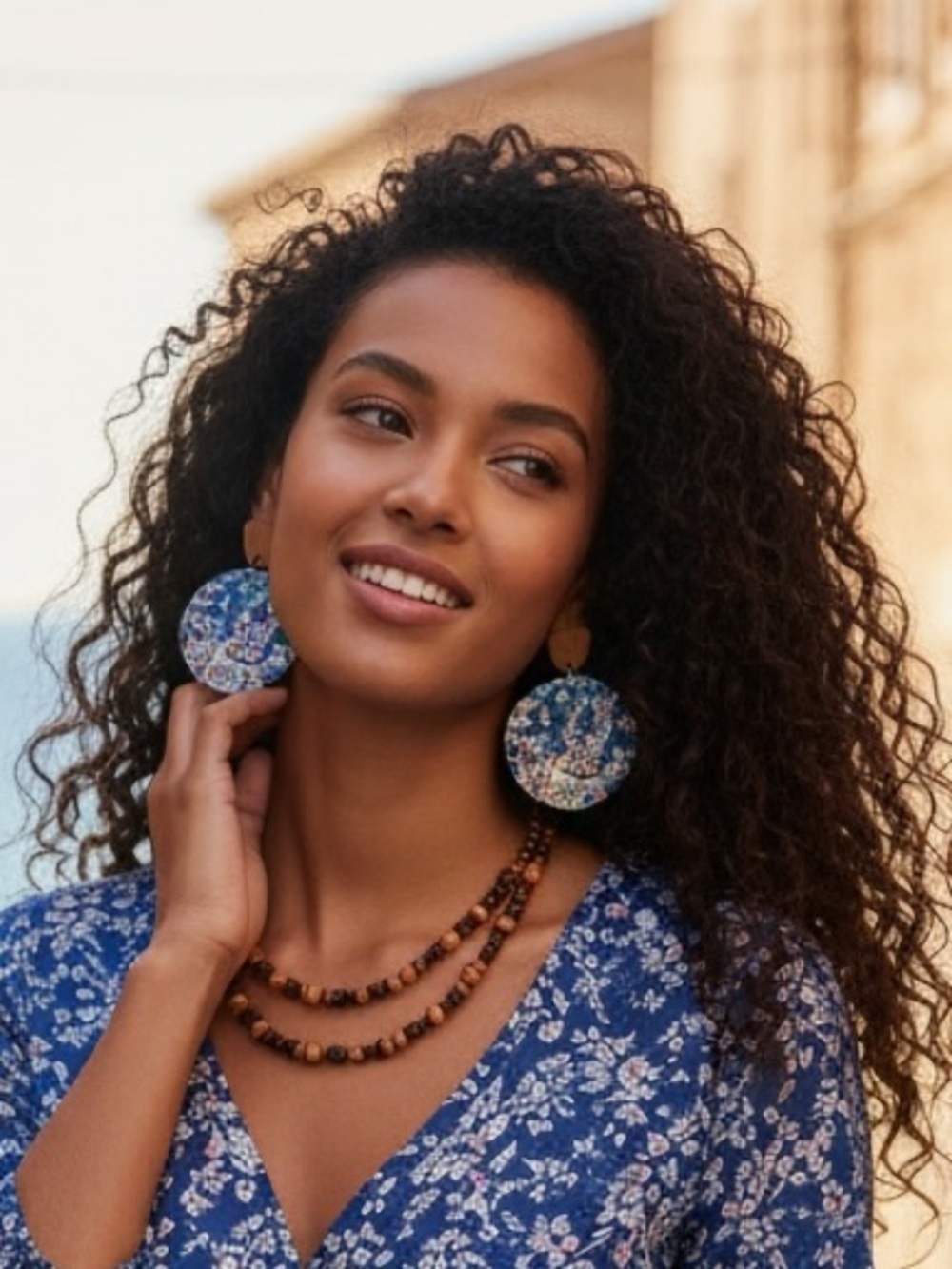 Blue Pink Floral Wooden Lightweight Print Bohemian Statement Earrings